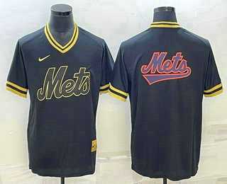 Mens New York Mets Big Logo Black Gold Nike Cooperstown Legend V Neck Jerseys->new york mets->MLB Jersey